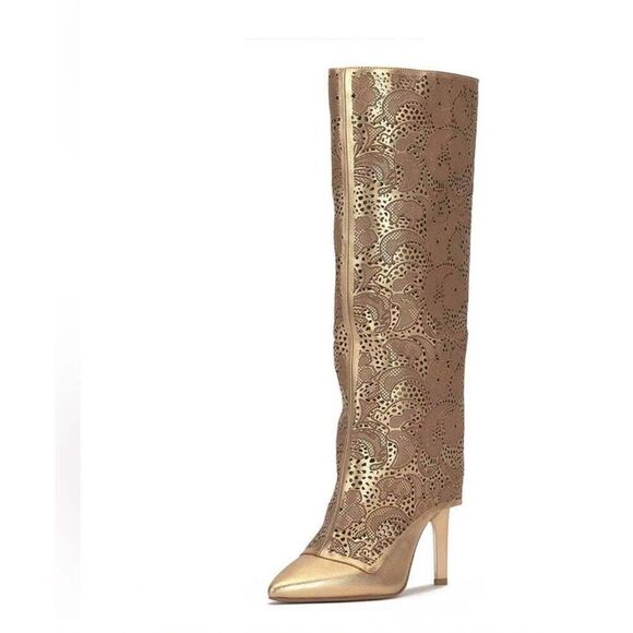 Jessica Simpson BRYKIA2 Gold Hollow Out Pointed Toe Knee High Western Boots - Picture 1 of 12